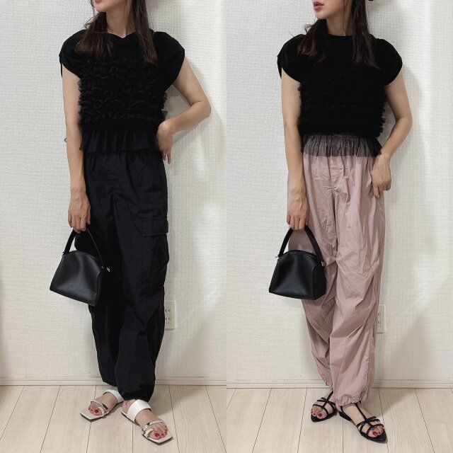 しまむらチュールリボンビスチェとピンクボトムスコーデ