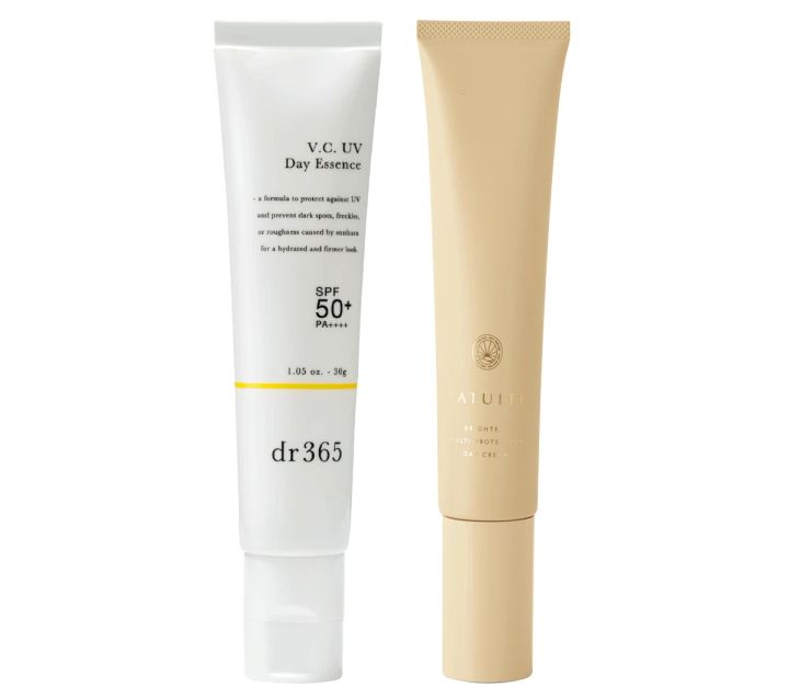 1.その日の予定に合わせUVカットをプラス_ブライテスト マルチプロテクションデイクリーム SPF30・PA+++ 50g ¥7920／FATUITE、V.C. UVデイエッセンス SPF50+・PA++++ 30g ¥3630／dr365