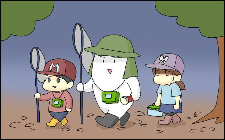 3人で夜の虫捕りに行くのでした