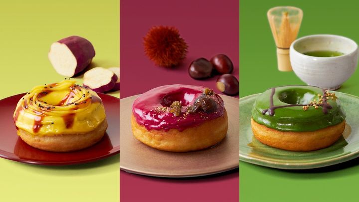 左から、お芋カラメルドーナツ、甘栗カシスドーナツ、濃厚抹茶ショコラドーナツ イートイン 各￥490、テイクアウト 各￥481