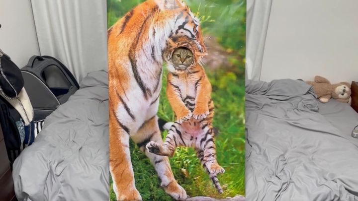 猫用の顔はめパネルでギャップ萌え、トラの体にキョトンと収まる