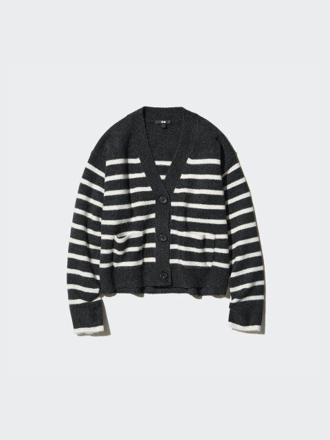 2024秋冬ユニクロレディースボーダースフレヤーンVネックショートカーディガン