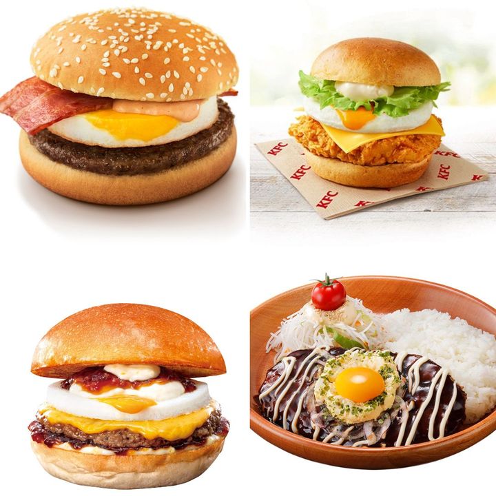 （上段左から時計回りに）マクドナルド「月見バーガー」、ケンタッキーフライドチキンの「とろ～り月見和風チキンカツバーガー具沢山タルタル」、びっくりドンキーの「月見てりたまマヨバーグディッシュ」、ロッテリアの「和風半熟月見 絶品チーズバーガー」