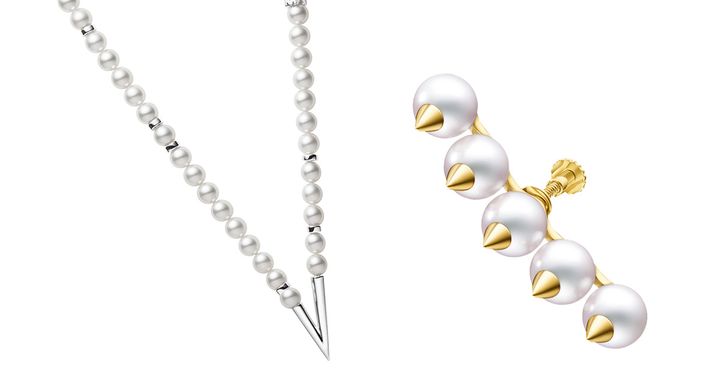 ミキモトのパールにシルバーをあしらったネックレスとタサキの5粒の真珠にゴールドのトゲをあしらった片耳用イヤリング