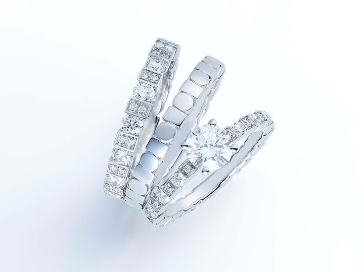 「ベル エポック」＜左から＞エタニティリング 2mm プラチナ×ダイヤモンド ¥492,800～ マリッジリング 2mm プラチナ ¥237,600～ エンゲージメントリング プラチナ×ダイヤモンド 0.3ct～ ¥723,800～