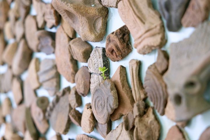 土器の間に小さなグリーンがあしらわれていて、まるで作品に命が宿っているよう