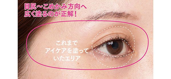 これまでアイケアを塗っていたエリア 目尻～こめかみ方向へ広く塗るのが正解！