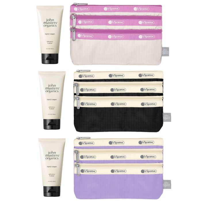 レスポートサック x ジョンマスターオーガニック ハンドケアギフト ￥7,370（10月3日より限定発売） ※セット内容／ハンドクリーム 60ml（L&G・R&Pから１種選択）、レスポートサック x ジョンマスターオーガニック 3-ZIP コスメティック（メレンゲ・ディープシーブルー・ラベンダーから1色選択）