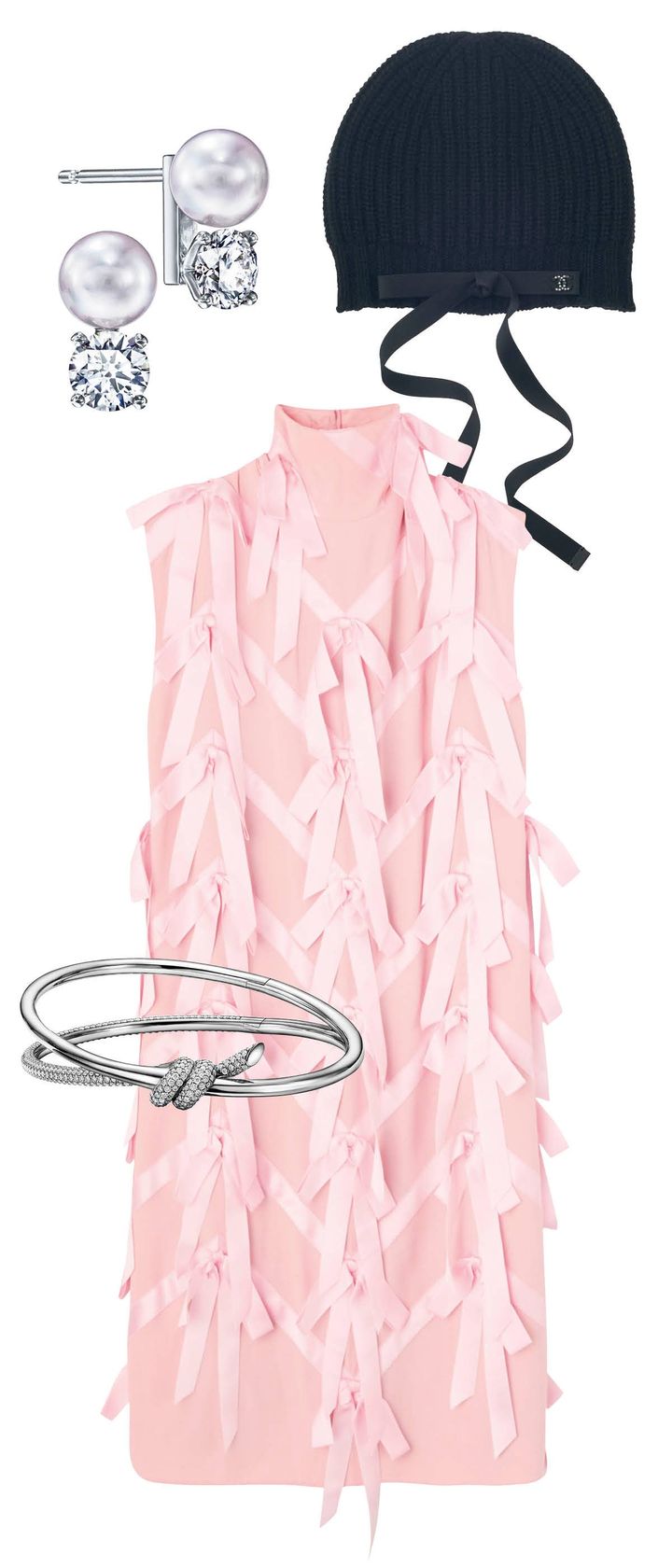 〈上から〉帽子 ￥135,300／CHANEL（シャネル カスタマーケア） ピアス（パール×ダイヤモンド×PT） ￥2,077,900／TASAKI（タサキ） ドレス ￥858,000 ※予定価格／PRADA（プラダ クライアントサービス） ブレスレット（WG×ダイヤモンド） ￥4,455,000／TIFFANY & CO.（ティファニー・アンド・カンパニー・ジャパン・インク）