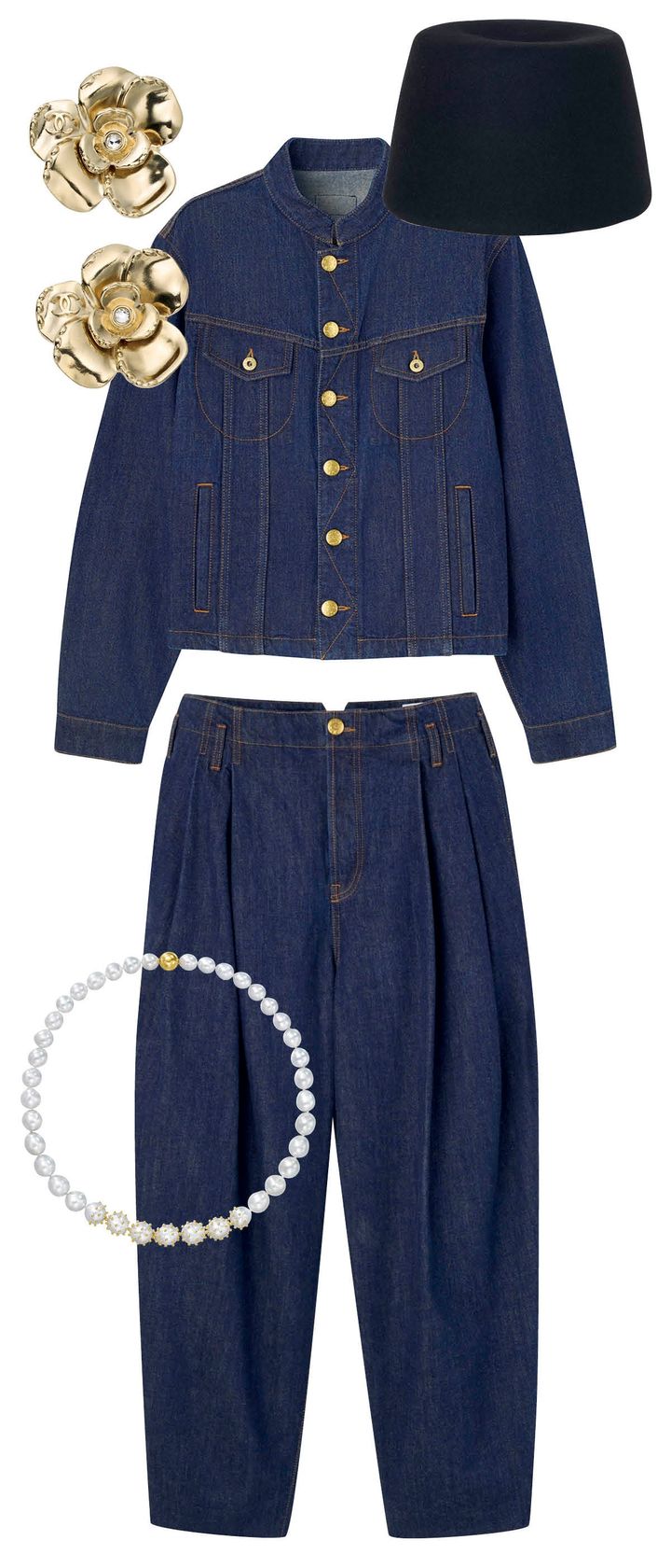 〈上から〉帽子 ￥188,100／LORO PIANA（ロロ・ピアーナ ジャパン） イヤリング ￥166,100／CHANEL（シャネル カスタマーケア） ジャケット ￥113,300 パンツ ￥68,200／ともにKENZO（ケンゾー パリ ジャパン） ネックレス（パール×YG） ￥4,070,000／TASAKI（タサキ）