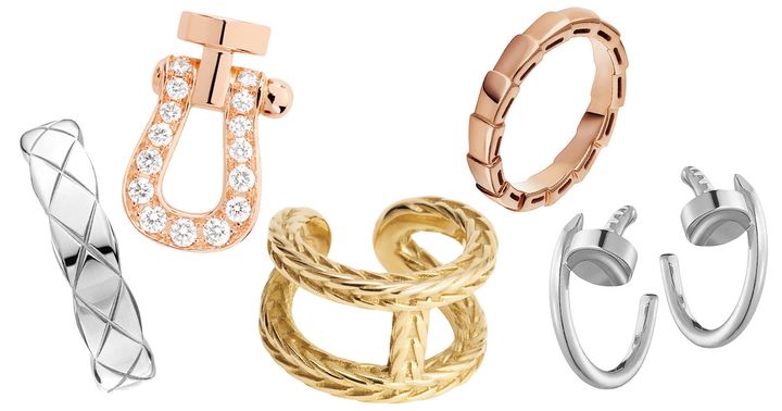 シャネルのココクラッシュのイヤーカフとフレッドのダイヤ入りのイヤーカフとエルメスのシェーヌダンクルのイヤーカフとブルガリのピンクゴールドのリングとカルティエのジュストアンクルのピアス