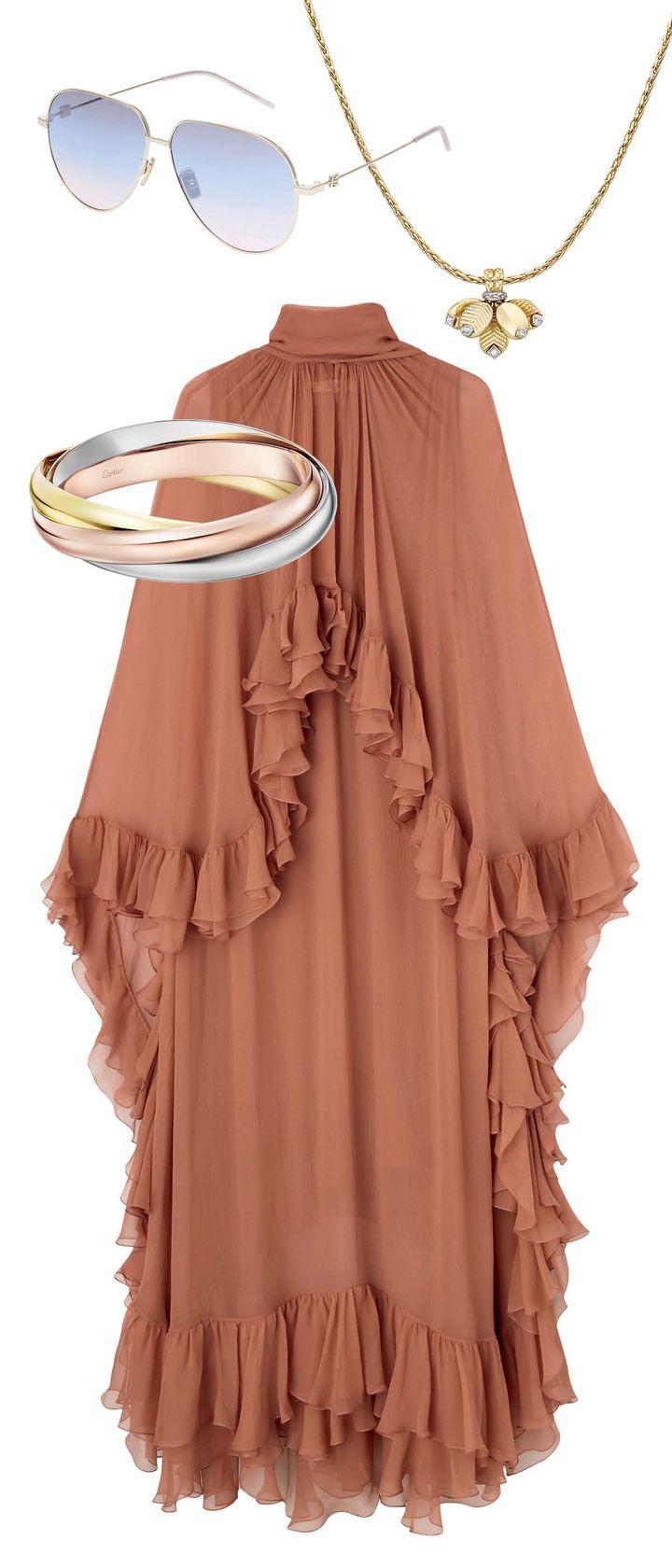 〈上から〉ネックレス（YG×WG×ダイヤモンド） ￥1,663,200 ブレスレット（WG×PG×YG） ￥4,382,400／ともにCARTIER（カルティエ カスタマー サービスセンター） サングラス ￥42,900 ※参考価格／GIVENCHY（ジバンシィ ジャパン） ドレス ￥852,500／CHLOÉ（クロエ カスタマーリレーションズ） Photo_ ©Cartier