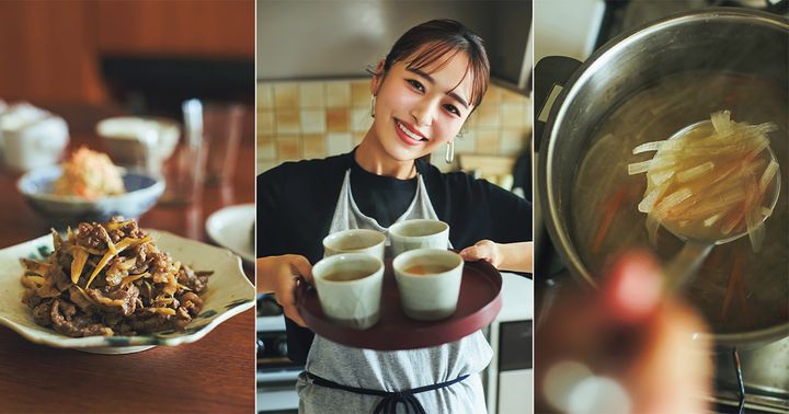 牛肉とごぼうの煮物とお味噌汁と料理をのせたお盆を持つ近藤千尋さん