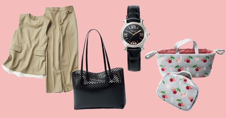 アダムエロペのセットアップとセルジオロッシの黒トートとショパールの腕時計とフェイラーのポーチ類