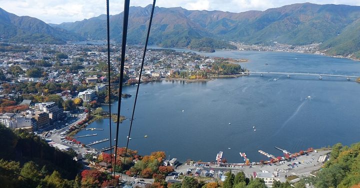 河口湖天上山公園 カチカチ山ロープウェイからの景色、天上山はカチカチ山の舞台になった場所であるといわれている