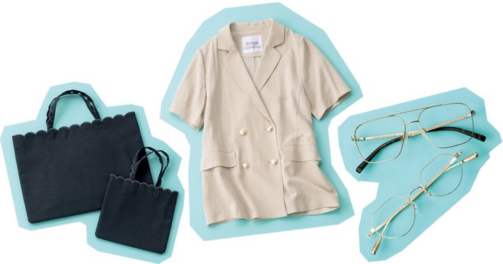 ツルバイマリコオイカワのサブバッグとマイストラーダのリネン素材の半袖ジャケットとモスコットとアイヴァンのメタルフレームメガネ