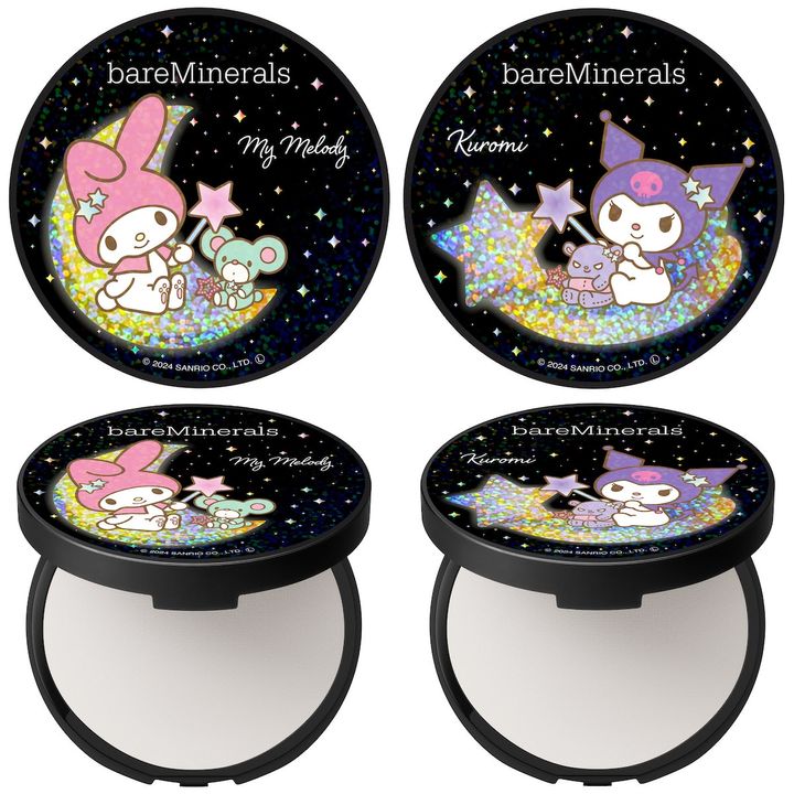 〈上段左から〉マイメロディ デザイン（ホログラム仕様）、クロミ デザイン（ホログラム仕様） 〈下段左から〉オリジナル ミネラルベール プレスト パウダー トランスルーセント マイメロディ デザイン、同 クロミ デザイン 各￥4,950（ともに10月15日より限定発売）