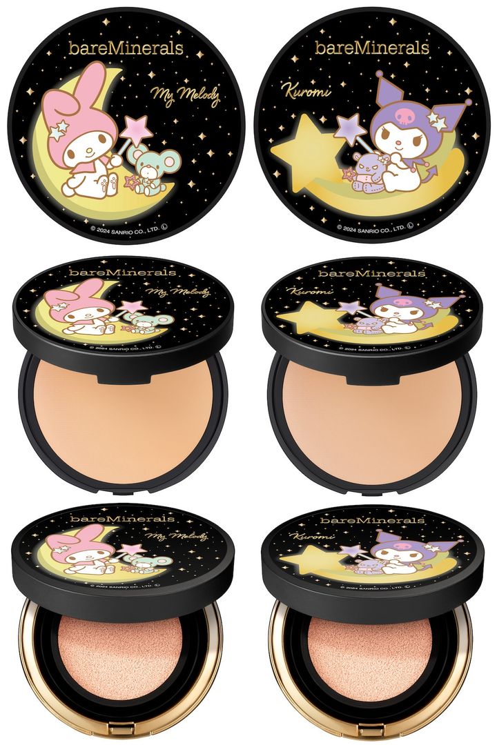 〈上段左から〉マイメロディ デザイン、クロミ デザイン 〈中段左から〉ベアプロ 16HR パウダー ファンデーション マイメロディ デザイン、同 クロミ デザイン 各全2色 各￥5,720 〈下段〉オリジナル ピュア セラム カバーアップ クッション マイメロディ デザイン、同 クロミ デザイン 各全2色 各￥6,820（すべて10月15日より限定発売）