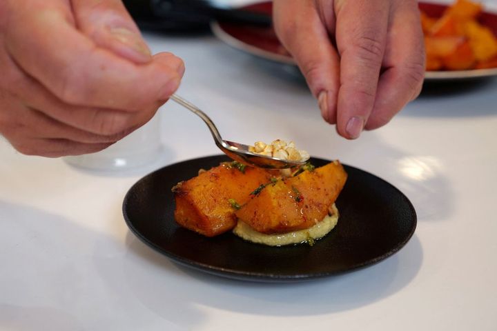 Charles Guilloy, the executive chef for the Paris 2024 Olympic Games, prepares one of the recipes that will be available at the athletes' village during the Paris 2024 Olympic and Paralympic Games, during a press presentation in Paris, France, April 30, 2024.