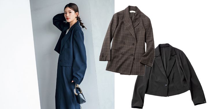 アンヌークのネイビーショート丈ジャケットとワンピースのセットアップを着こなす咲和希さんとアンヌークのチェックジャケットとギャレストの黒ショートジャケット