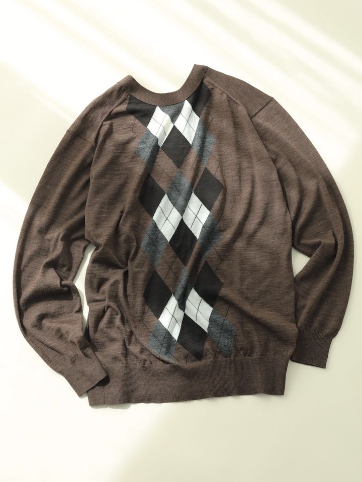 アーガイルの背面が実はフロント！ファインゲージで編まれたごくベーシックなＶ開きボタン留めのカーディガンを、後ろ前に着るというユニークな一枚