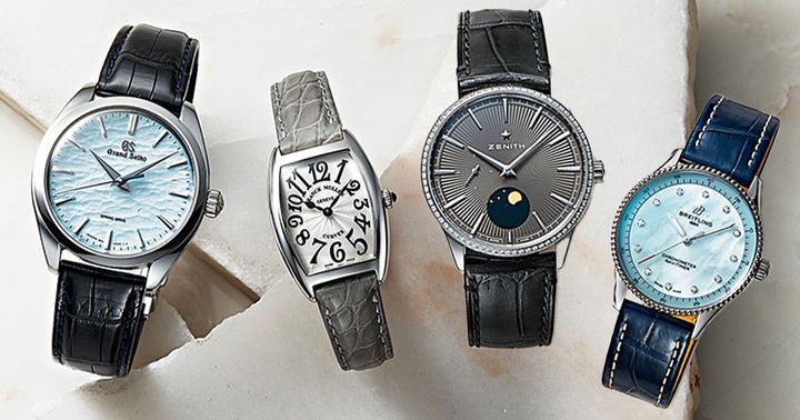 フランクミュラーのトノウ カーベックスとブライトリングのナビタイマー32とゼニスのエリート ムーンフェイズとグランドセイコーのエレガンスコレクションSBGY007