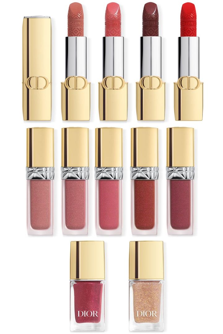 〈上左から〉ルージュ ディオール 限定4種〈374、994、284、999V〉 各￥6,490 〈中左から〉ルージュ ディオール フォーエヴァーリキッド シークイン 限定7種〈100、323、353、843、893〉 各￥4,620 〈下左から〉ディオール ヴェルニ 641 ￥4,840 同 トップコート 114 ￥4,860（すべて10月15日よりディオールブティック・公式オンラインブティックにて先行、11月1日より全国限定発売予定）