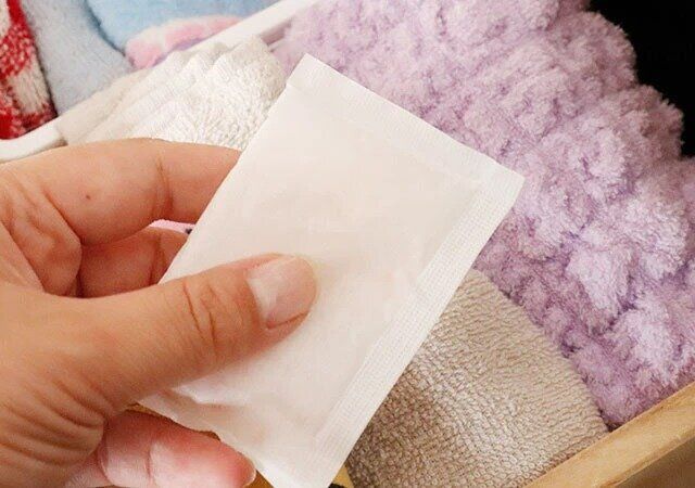 ダイソー くり返し使える乾燥剤（20g×5個） タオルの上に置く