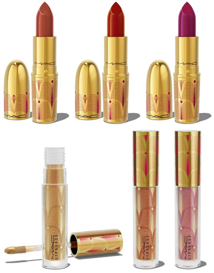 〈上左から〉リップスティック ブラッシュ イン ブロンズ、リーガル レッド、マックジェンダ 各￥4,180 〈下左から〉リップガラス リキッド ルレックス、ルビー スパークス、ギャラクティック グリステン 各￥3,850（すべて10月18日より楽天市場店、ゾゾコスメにて先行、10月25日よりLINEギフト、11月1日より全国限定発売）