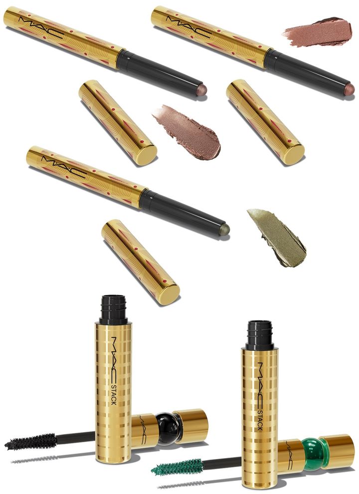 〈上左から時計周り〉クロマクレヨン アイシャドウ スティック ハイ トープ、バブルグラム、フラーティ マティーニ 各￥3,960 〈下左から〉M・A・C スタック マスカラ ブラック スタック、エメラルド スタック 各￥4,620（すべて10月18日より楽天市場店、ゾゾコスメにて先行、10月25日よりLINEギフト、11月1日より全国限定発売）