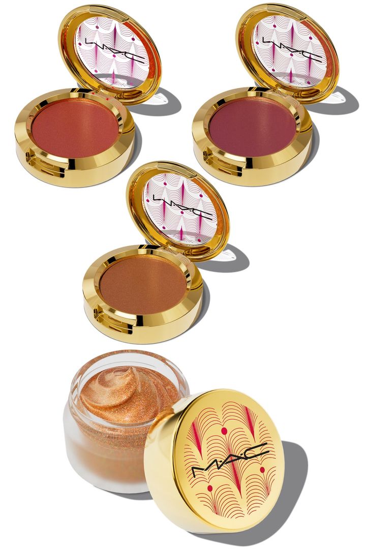 〈上左から時計周り〉スキンフィニッシュ メタリック クリーム ブラッシュ コヴィテッド コーラル、プライスレスレス パープル、グローイング トレジャー 各￥4,950 〈下〉ジェリー スライム オールオーバー ハイライター 24K コッパー ￥5,170（すべて10月18日より楽天市場店、ゾゾコスメにて先行、10月25日よりLINEギフト、11月1日より全国限定発売）