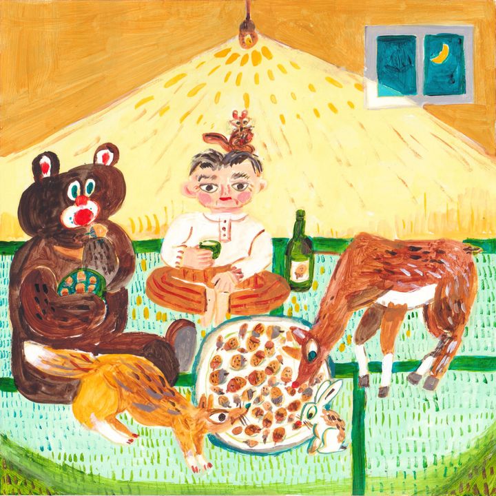 動物たちと食事をするイラスト