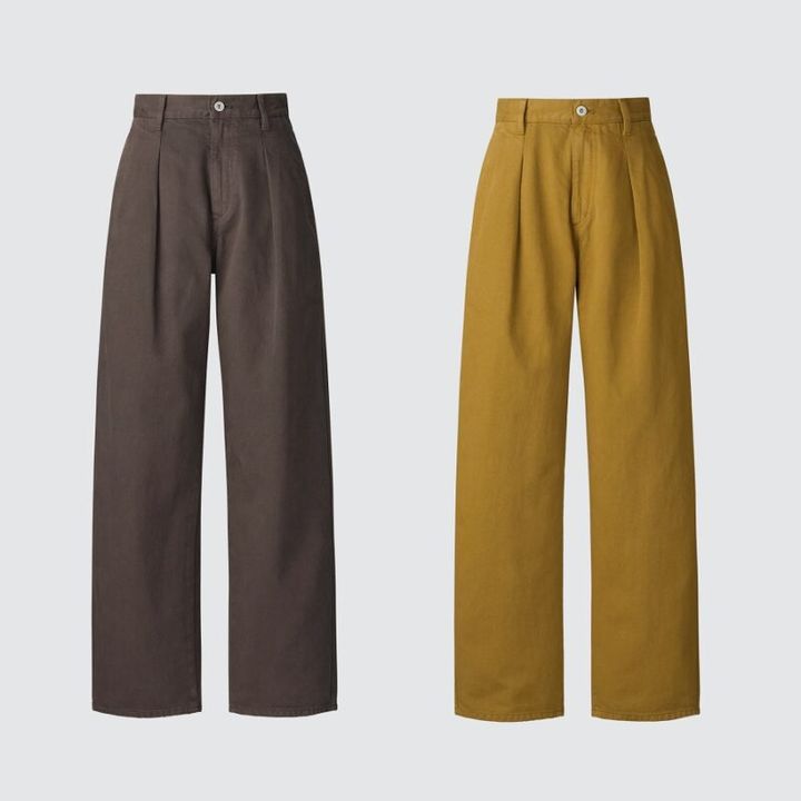 Uniqlo Uのデニムタックパンツ ブラウンとマスタード