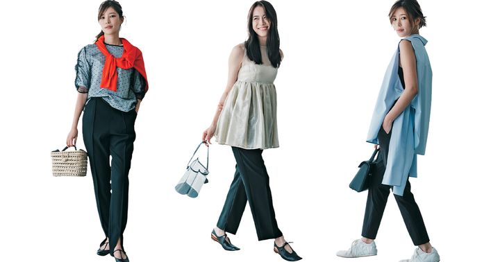 咲和希さんと笹川友里さんが着こなす細身の黒パンツコーデ