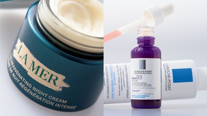〈ラ・メール〉のザ・モイスチャライジングナイト クリーム、〈ラロッシュポゼ〉のメラ B3 セラムとシカプラスト ジェルクレンザー