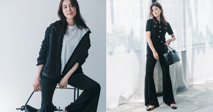 笹川友里さんと咲和希さんが着こなすルフィルのフレア黒パンツコーデ
