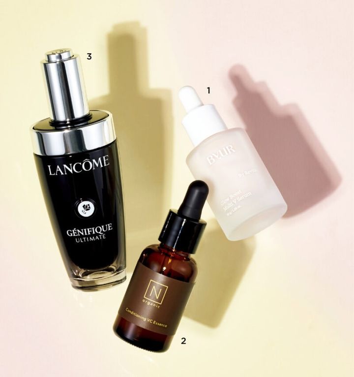 1_ハリ・ツヤもアップ。バイユア グローブースト マルチ V セラム 30g ￥3,740（Hamee） 2_N organic Basic コンディショニング VCエッセンス 30mL ￥8,580（シロク） 3_ジェニフィック アルティメ セラム 50mL ￥17,820（ランコム）