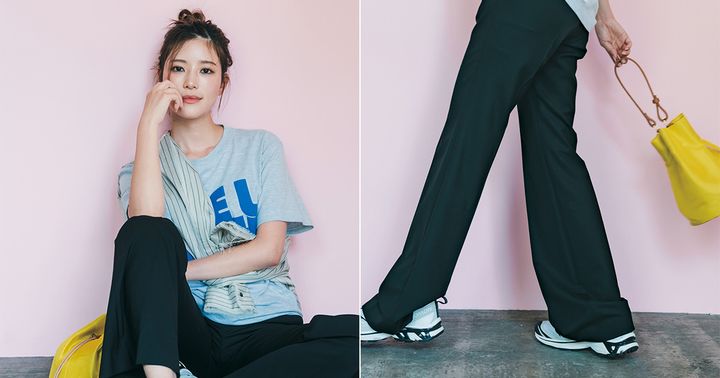 セオリーのフレア黒パンツをTシャツやスニーカーに合わせたカジュアルコーデ