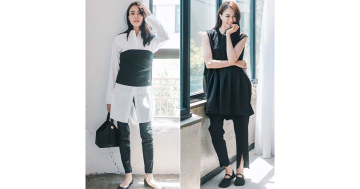白シャツに黒ビスチェと黒スティックパンツを合わせたコーデと半端丈の黒ブラウスに細身黒パンツを合わせたコーデを着こなす笹川友里さん