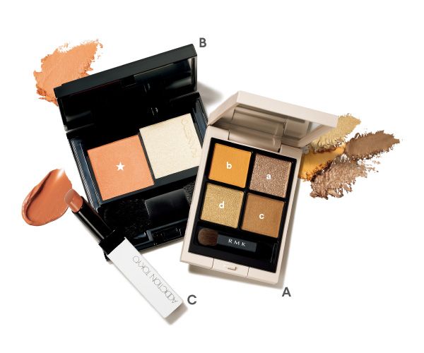 【A】RMK シンクロマティック アイシャドウパレット 【B】KANEBO ムードブースティング ブラッシュ 【C】ADDICTION ザ リップバーム ソフトマット