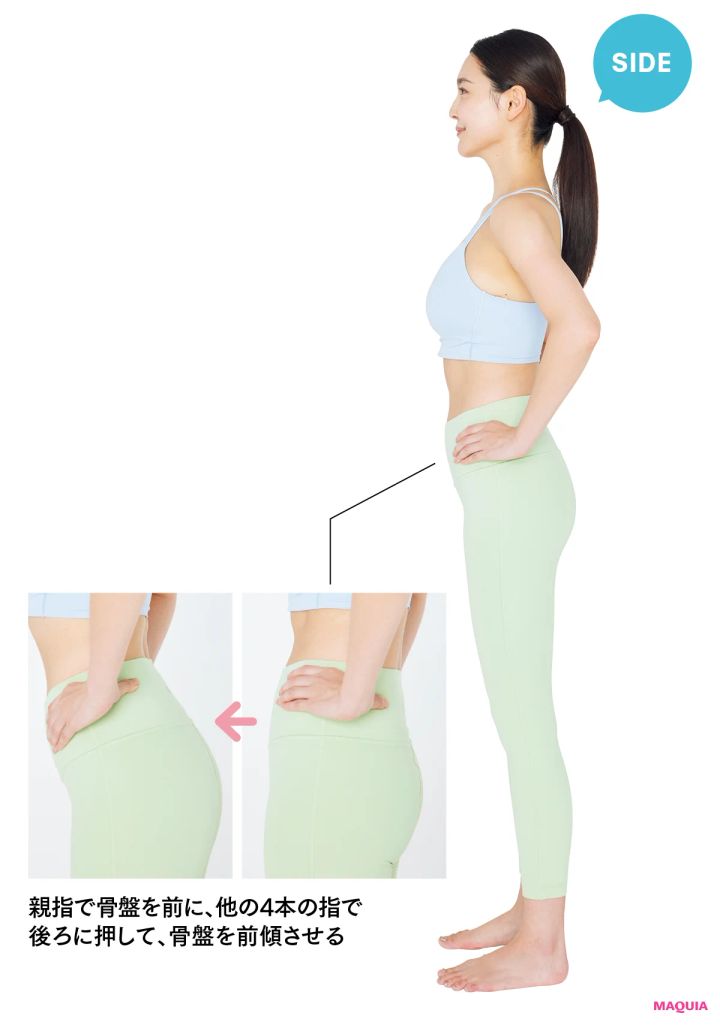 SIDE 親指で骨盤を前に、他の4本の指で 後ろに押して、骨盤を前傾させる