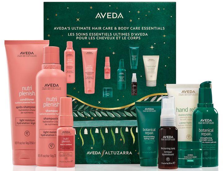 〜アルチュザラ コラボレーション〜 アヴェダ アルティメットホリデー ヘアケア＆ボディケア エッセンシャル ギフト ￥16,500（11月1日より限定発売・プリメイドセット、ローカルセット、カスタムセットのいずれかを含む税込10,000円のお買い上げが必要） ※セット内容／ニュートリプレニッシュ シャンプー ライト 250ml、同 コンディショナー 250ml、同 リーブイン コンディショナー 30ml、ボタニカル リペア オーバーナイト セラム 100ml、同 ボンドビルテディング スタイリング クリーム 40ml、同 インテンシブ マスク リッチ 25ml、ヘアデンス トニック 30ml、ハンド リリーフ 125ml