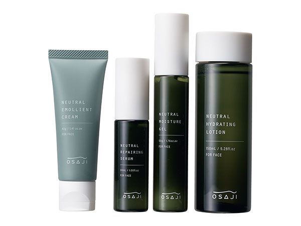 【左】ニュートラル エモリエント クリーム 【中左】ニュートラル リペアリング セラム 【中右】ニュートラル モイスチャー ジェル 【右】ニュートラル ハイドレイティング ローション