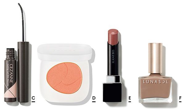 【C】耐久カールスリムマスカラ、【D】ぺタル フロート ブラッシュ 、【E】カネボウ ルージュスター ヴァイヴラント、【F】ルナソル ネイルポリッシュ