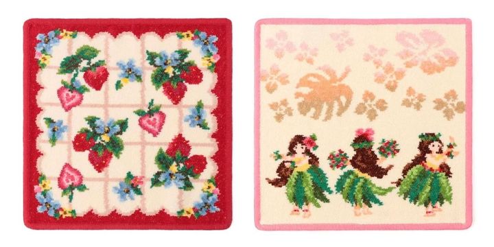 画像: 左「ストロベリーフィールドプティ ハンカチ」、右「マナマナ ハンカチ」各[約25×25cm]￥2,750 出典：フェイラー