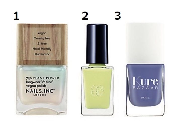 ネイルズインクのシアーホワイトネイル、エレガンスのイエローネイル、キュアバザーのブルーネイル