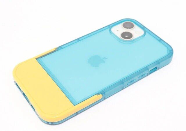 ダイソー スタンド付スマホケース（13＆14、水色×オレンジ）