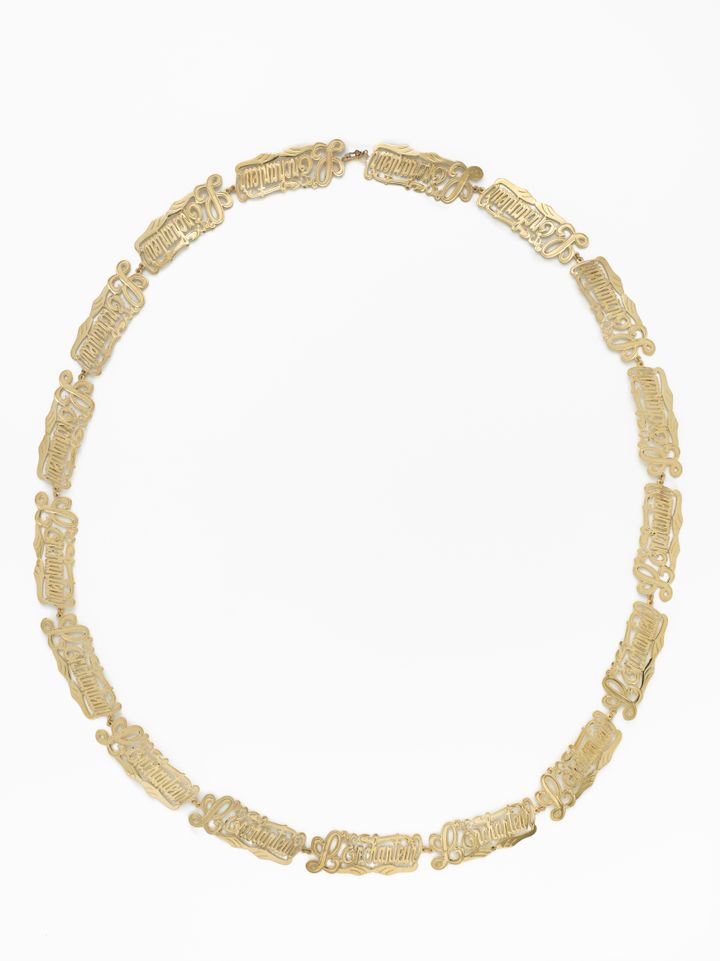 “Name Spell Name Plate” necklace, Dynasty<br /> and Soull Ogun (American, born 1984) for<br /> L’Enchanteur (American, founded 2017),<br /> 2024; Courtesy L’Enchanteur.<br /> Photo © The Metropolitan Museum of Art