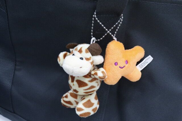 ダイソーのキーチェーン（アニマルマスコット、ジャングル）とマスコットキーホルダー（アルファベット、K）の使用例