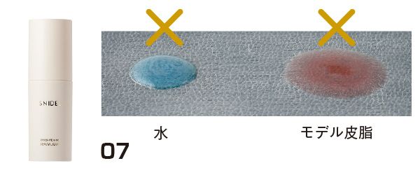 07：スナイデル ビューティ／水とモデル皮脂のはじき具合